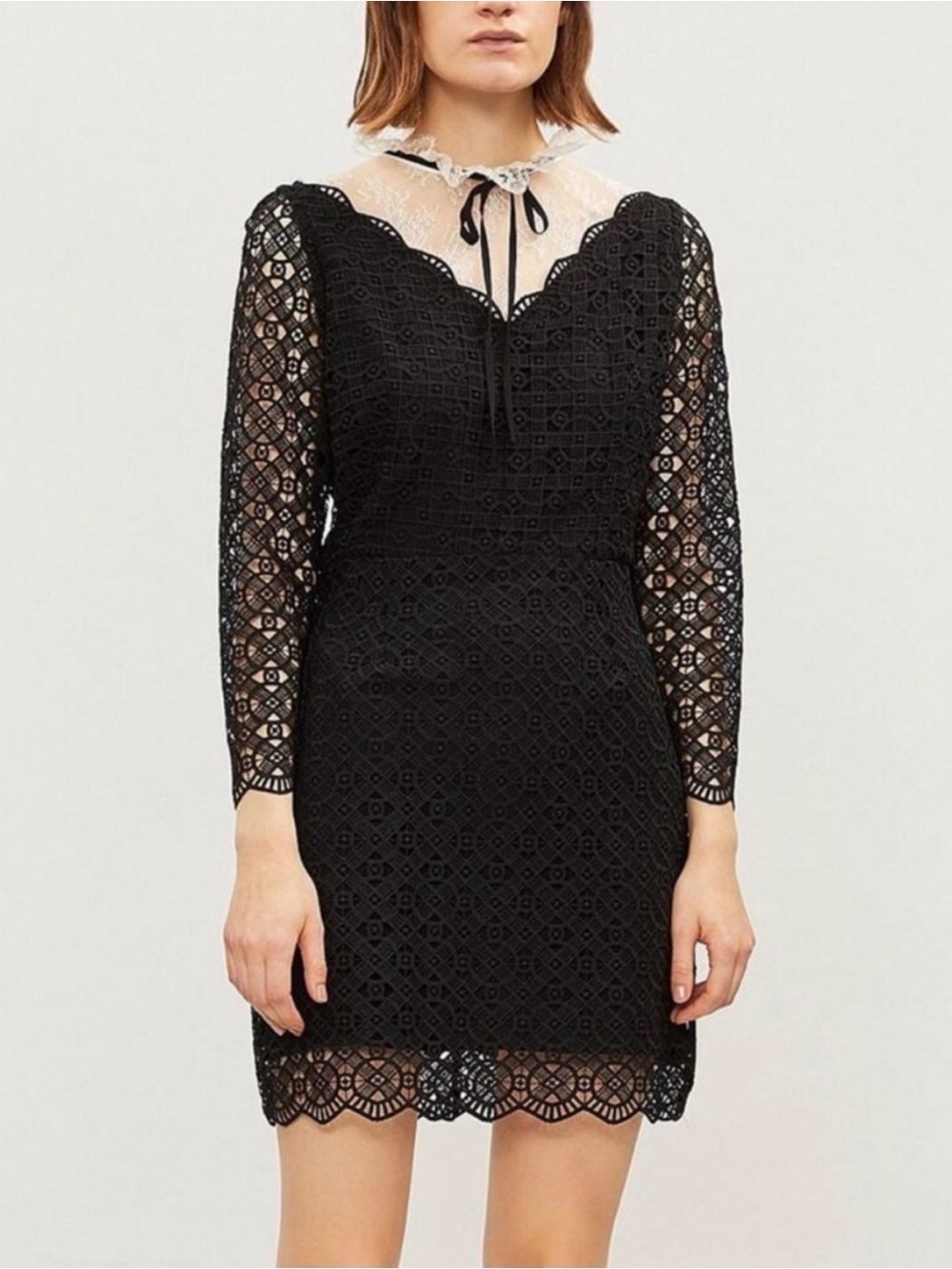 Sandro Cristina Black Lace Sheer Collar Front Tie Gothic Mini Long Sleeve Sz 40